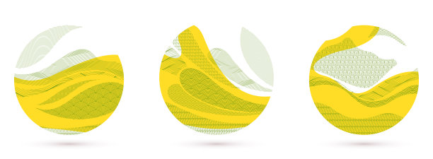 抽象的东方日本艺术矢量背景设置在黄色形状的圆形，传统风格的设计，波浪形状和山脉地形景观，流像海线。