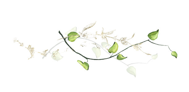 水彩布置以蓝、绿、青、紫、粉花、枝、叶、金粉等图形元素。