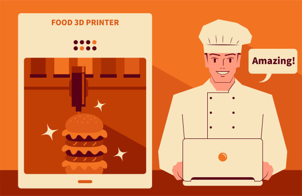 微笑帅气的厨师用电脑(笔记本电脑，下载食谱)运行食物3d打印机制作蔬菜汉堡或牛肉汉堡