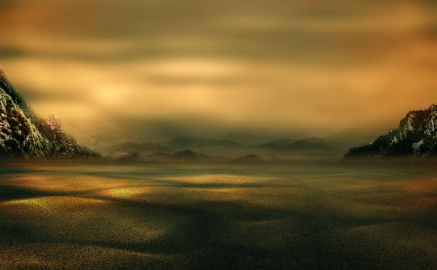 中国风格的金色沙漠山景未来感海报背景