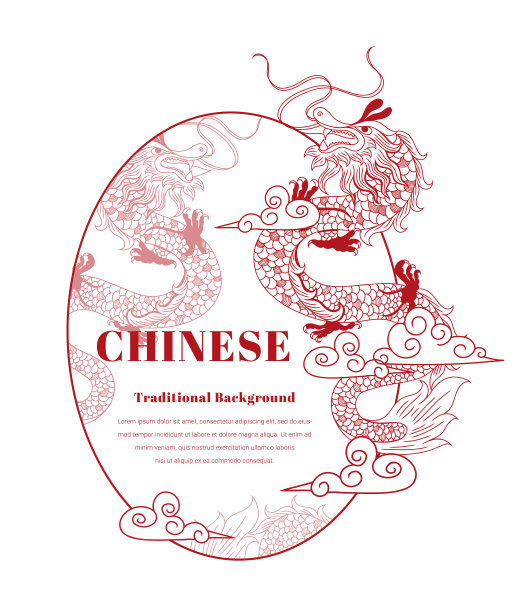 圆框，线条红色，中国龙风，中国复古框，装饰经典喜庆红底色，