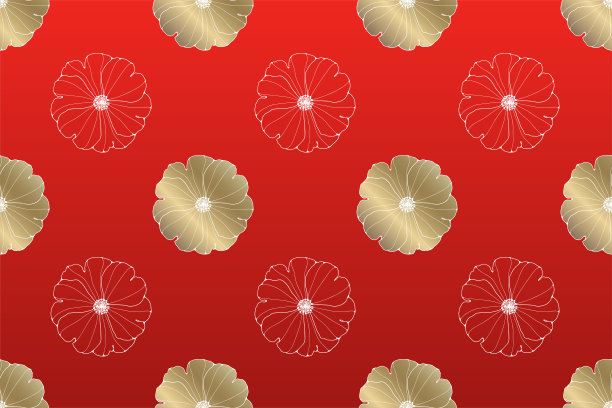 矢量无缝图案与金色的花朵在一个红色的背景。中国风格的节日图案用于纺织品、包装纸、封面、壁纸、背景、卡片。