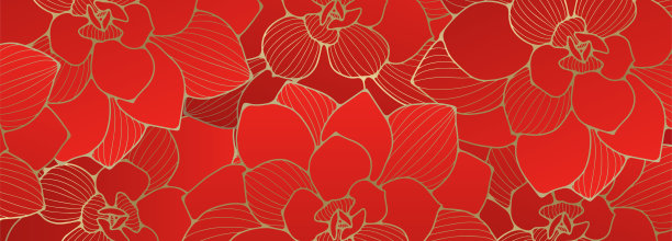 明亮的节日花卉背景与金色轮廓的花。红色矢量背景在中国风格的卡片，节日邀请，壁纸，装饰，封面。