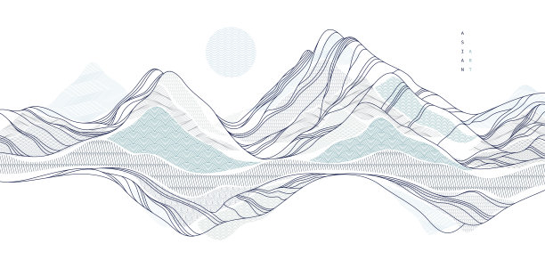 东方日本风格的矢量抽象插图，背景在亚洲传统风格，波浪形状和山脉地形，流像海线。