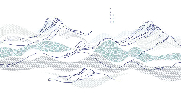东方日本风格的矢量抽象插图，背景在亚洲传统风格，波浪形状和山脉地形，流像海线。