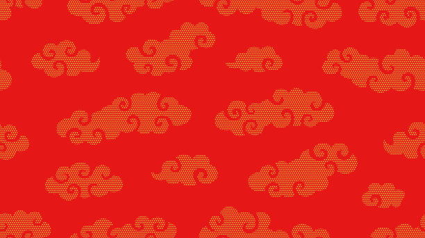 中国风格的金色云彩图案，红色背景上的圆点